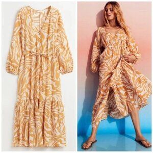 H&M Crepe Kaftan Golden Yellow Print Maxi Dress Small